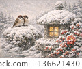 Snow-covered stone lantern and sparrows 136621430