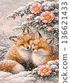 Fox and camellia flowers in the snow 136621433