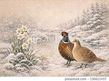 A pair of pheasants in a snowy landscape and daffodils heralding the arrival of spring 136621437