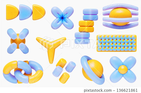 Memphis design 3D elements in yellow and blue colors - flower, star, arrow, stripe, circle, cube, ring. Abstract geometric shapes, bold aesthetic forms, contemporary graphic pattern. 3D illustration 136621861