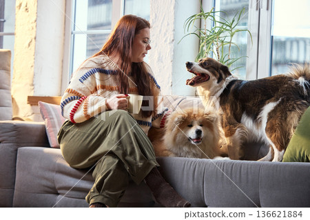 Woman drinking coffee with two happy dogs on sofa in modern living room. 136621884