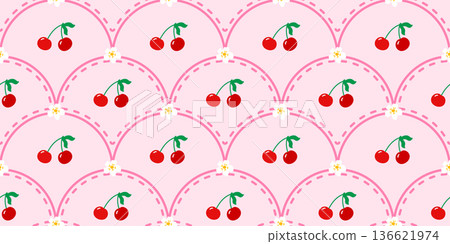 Cute cherry seamless background with floral details. Ideal for kawaii wallpapers, spring fabrics, and charming dessert packaging Cute cherry seamless background with floral details. Ideal for kawaii wallpapers, spring fabrics, and charming dessert packaging 136621974