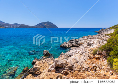 Wild beach of Kalkan resort town, Turkey. Landscape photo 136622068