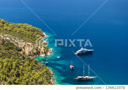 Aerial view of a tranquil bay where several boats Aerial view of a tranquil bay where several boats 136622070