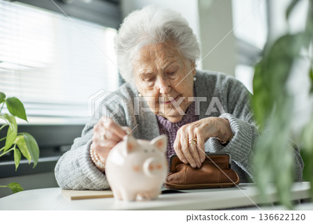 Senior woman planning finances and savings for retirement. Senior woman planning finances and savings for retirement. 136622120