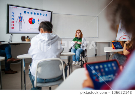 High school student in wheelchair leading classroom discussion. 136622148