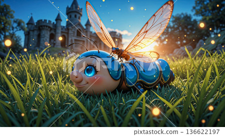 Cute caterpillar with firefly friend in a magical garden. A whimsical scene with a cartoon caterpillar enjoying a grassy area, depicted with a friendly expression and vibrant colors. 136622197