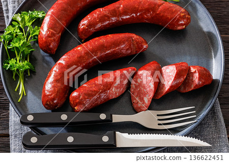 Smoked Swedish isterband sausages on a plate 136622451
