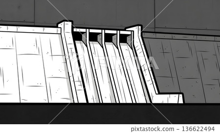 White Hydroelectric Dam Icon Silhouette On Industrial Concrete Background 136622494