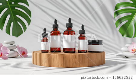 Natural cosmetic mockup amber bottles on wooden podium with orchid flowers and monstera leaves organic skincare beauty product packaging display scene 136622552