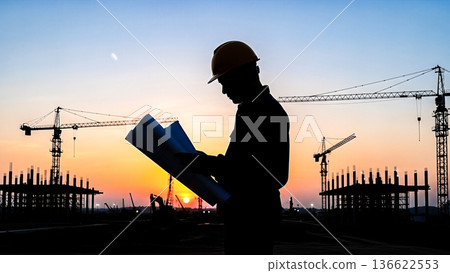 Silhouette of construction engineer holding blueprint plan looking at building site cranes during sunset evening illustrating industrial development 136622553