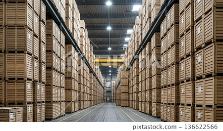 Huge industrial warehouse interior filled with stacks of wooden crates storing goods for distribution logistics shipping delivery supply chain commerce 136622566