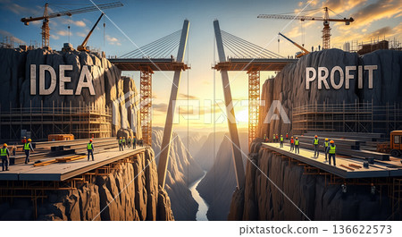 Two cliffs labeled idea and profit connected by bridge under construction with workers building path to success business development concept Two cliffs labeled idea and profit connected by bridge under construction with workers building path to success business development concept 136622573