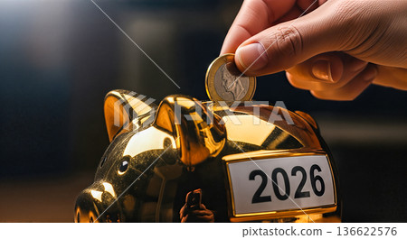 Hand putting coin golden piggy bank label year 2026 close up long term saving concept investment future budget planning retirement wealth Hand putting coin golden piggy bank label year 2026 close up long term saving concept investment future budget planning retirement wealth 136622576