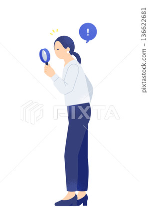 A woman looking through a magnifying glass discovers the cause and solution of a problem. Vector illustration of a business person gaining insight. A woman looking through a magnifying glass discovers the cause and solution of a problem. Vector illustration of a business person gaining insight. 136622681