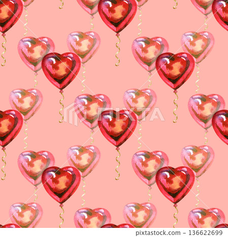 Hand-painted watercolor seamless pattern of red and pink heart balloons with golden ribbons. This romantic festive design is ideal for Valentine's Day greeting cards, wedding wrapping paper, and Hand-painted watercolor seamless pattern of red and pink heart balloons with golden ribbons. This romantic festive design is ideal for Valentine's Day greeting cards, wedding wrapping paper, and 136622699