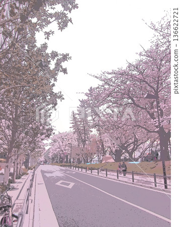 沿著護城河的道路兩旁櫻花盛開,景色宜人。這是一張插畫風格的照片。 沿著護城河的道路兩旁櫻花盛開,景色宜人。這是一張插畫風格的照片。 136622721