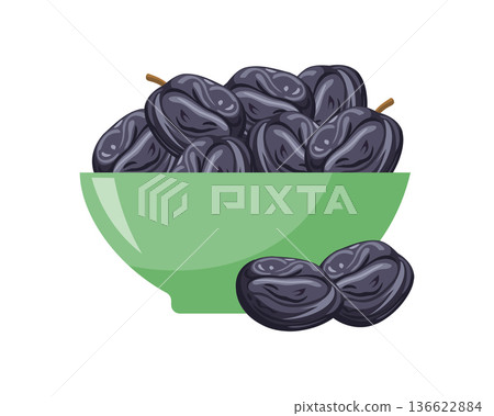 Bowl of Dried plums. Dried prunes icon. Food illustration. Bowl of Dried plums. Dried prunes icon. Food illustration. 136622884