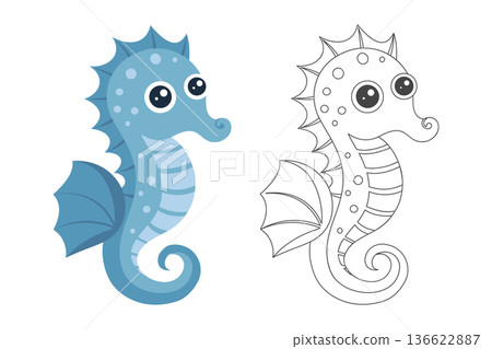 Adorable Blue Seahorse and Line Art for Kids Coloring Activity. Adorable Blue Seahorse and Line Art for Kids Coloring Activity. 136622887