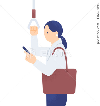 一位商務人士在通勤火車上收集資訊。插圖描繪了一位女士拿著手機帶，正在查看她的智慧型手機。 136622896