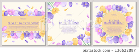 A set of colorful backgrounds with beautiful crocuses. The concept of spring, wedding, March 8th, mother's day, birthday. Vector illustration for the design of posters, flyers, postcards, invitations 136622897