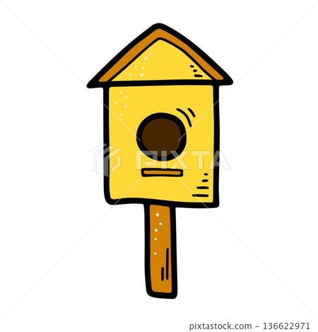 Doodle birdhouse on wooden pole. Nesting box Doodle birdhouse on wooden pole. Nesting box 136622971
