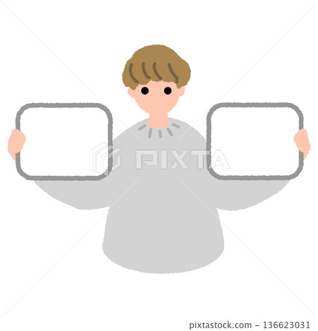 Flat illustration of a person holding a blank board in each hand to compare and explain 136623031