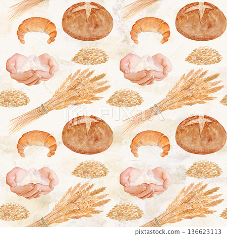 Crescent roll, round bread, wheat grains, flour sack. Seamless watercolor pattern on beige background with perfect for bakery packaging, kitchen textiles, menu design, wrapping paper, rustic food Crescent roll, round bread, wheat grains, flour sack. Seamless watercolor pattern on beige background with perfect for bakery packaging, kitchen textiles, menu design, wrapping paper, rustic food 136623113