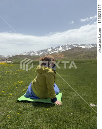 Woman mountain landscape. High quality photo 136623125