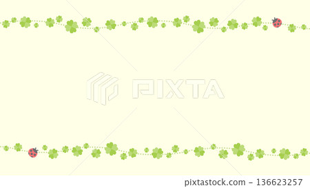 Background illustration of a four-leaf clover and ladybug, 16x9 landscape size, yellow background 136623257