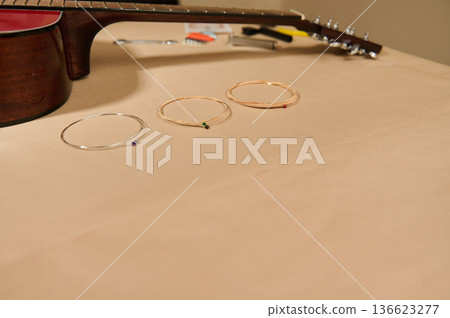 Guitar String Maintenance and Repair: Changing Acoustic Guitar Strings on a Worktable Guitar String Maintenance and Repair: Changing Acoustic Guitar Strings on a Worktable 136623277