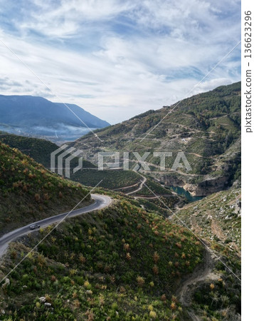 Mountain road forest. coniferous trees and yellow foliage. High quality 4k footage Mountain road forest. coniferous trees and yellow foliage. High quality 4k footage 136623296