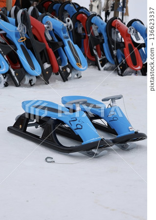 Blue plastic sled. High quality photo Blue plastic sled. High quality photo 136623337
