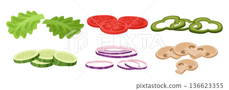 Cartoon burger and sandwich constructor ingredients. Veggies, greens and mushroom, fast food sliced veggies flat vector illustration set. Ingredients for burger Cartoon burger and sandwich constructor ingredients. Veggies, greens and mushroom, fast food sliced veggies flat vector illustration set. Ingredients for burger 136623355