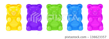 Cartoon gummy bears. Chewy jelly candy, fruity multi colored sweets in shape of bear flat vector illustration set. Cute gummy bears collection on white Cartoon gummy bears. Chewy jelly candy, fruity multi colored sweets in shape of bear flat vector illustration set. Cute gummy bears collection on white 136623357