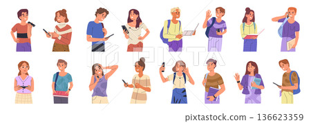 College or high school students. University student with mobile phones, teen study characters, school friends holding phones books and backpacks flat vector illustration set. Classmate teen characters College or high school students. University student with mobile phones, teen study characters, school friends holding phones books and backpacks flat vector illustration set. Classmate teen characters 136623359