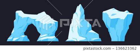 Ice antarctic icebergs. Cartoon frozen glaciers, huge snowy mountains and cracked ice rocks flat vector illustration set. Snow icebergs on dark background Ice antarctic icebergs. Cartoon frozen glaciers, huge snowy mountains and cracked ice rocks flat vector illustration set. Snow icebergs on dark background 136623362