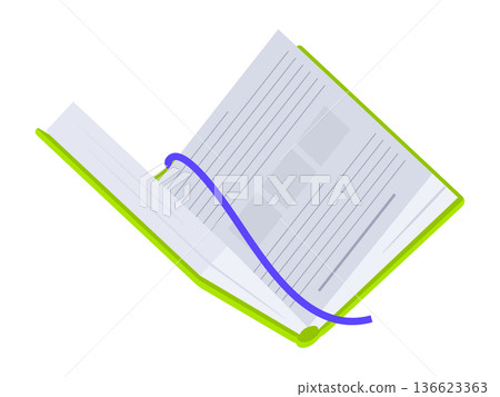 Isometric textbook. Open book with bookmark, educational or fantasy literature, encyclopedia, open textbook 3d vector illustration. Readable book on white background Isometric textbook. Open book with bookmark, educational or fantasy literature, encyclopedia, open textbook 3d vector illustration. Readable book on white background 136623363