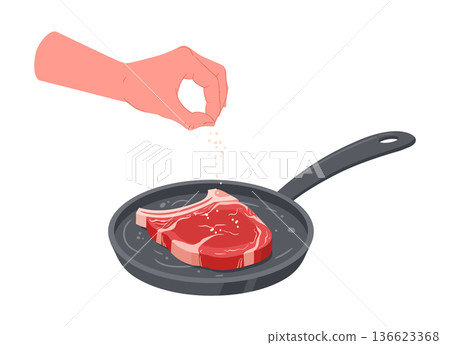 Meat steak salting. Hand salting roasted meat semi-finished product, beef steak cooking process flat vector illustration. Cartoon grilling meat steak on white Meat steak salting. Hand salting roasted meat semi-finished product, beef steak cooking process flat vector illustration. Cartoon grilling meat steak on white 136623368