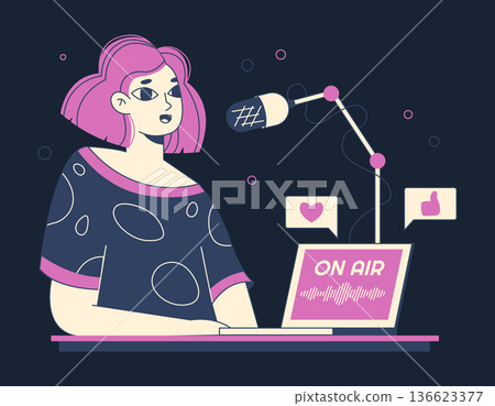 Woman recording podcast. Radio broadcast host, interview talk or podcast record, audio talk show flat vector illustration. Cartoon radio host character Woman recording podcast. Radio broadcast host, interview talk or podcast record, audio talk show flat vector illustration. Cartoon radio host character 136623377
