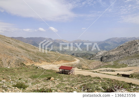 Mountainous winding road. mountain landscape view from above Mountainous winding road. mountain landscape view from above 136623556