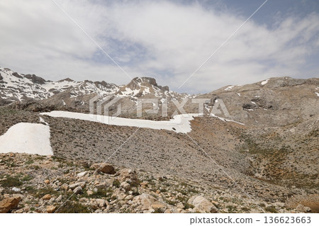 Mountain snow road. Mountain dirt road. High quality 4k footage Mountain snow road. Mountain dirt road. High quality 4k footage 136623663