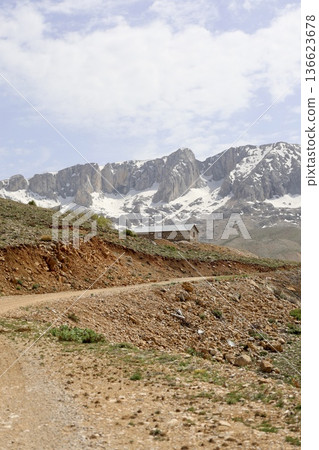 Mountainous winding road. mountain landscape view from above Mountainous winding road. mountain landscape view from above 136623678