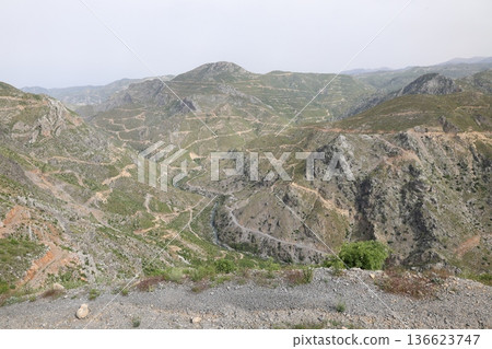 Mountainous winding road. mountain landscape view from above 136623747