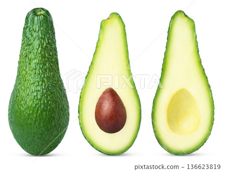 Whole and half of avocado isolated on white background. Half of avocado without seed or pin with clipping path. Whole and half of avocado isolated on white background. Half of avocado without seed or pin with clipping path. 136623819
