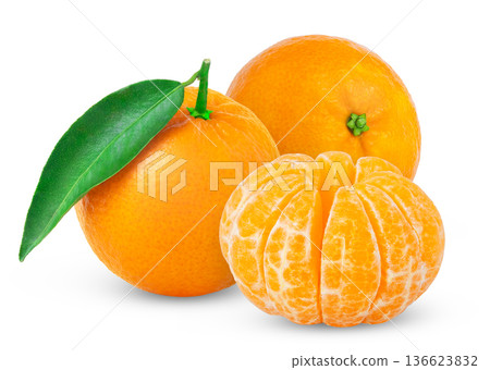 Tangerine or clementine with green leaf and peeled slice isolated. Fresh mandarines with leaves. Tangerine or clementine with green leaf and peeled slice isolated. Fresh mandarines with leaves. 136623832
