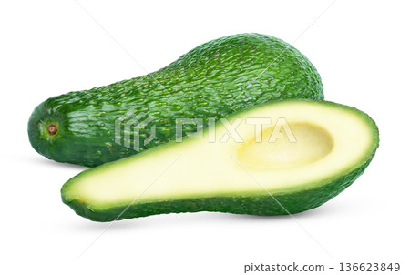 Fresh green avocado and cut in a half without seed of avocado fruit isolated. Pinkerton variety avocado. Fresh green avocado and cut in a half without seed of avocado fruit isolated. Pinkerton variety avocado. 136623849