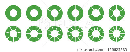 Circle division on 1, 2, 3, 4, 5, 6, 7, 8, 9, 10, 11, 12 equal parts. Wheel round divided green diagrams from one to twelve green segments. Coaching blank. Infographic set. 136623883