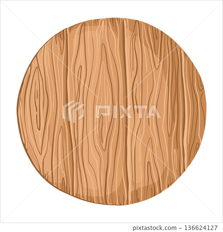 Round wooden cutting board vector illustration for food kitchen background. Brown round surface in plain cartoon style with wood texture. Great for menu design and food template. Perfect for art use. Round wooden cutting board vector illustration for food kitchen background. Brown round surface in plain cartoon style with wood texture. Great for menu design and food template. Perfect for art use. 136624127
