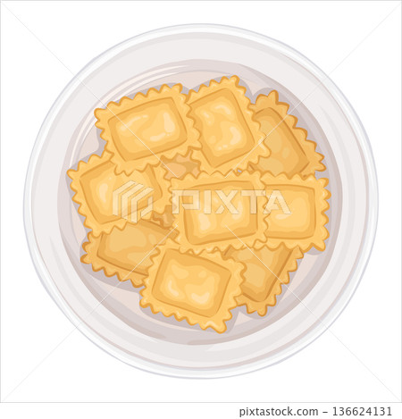Ravioli pasta in plate top view vector hand drawn illustration. Italian food cartoon drawing for cafe menu and restaurant template. Isolated dish culinary design perfect for delivery poster graphic 136624131